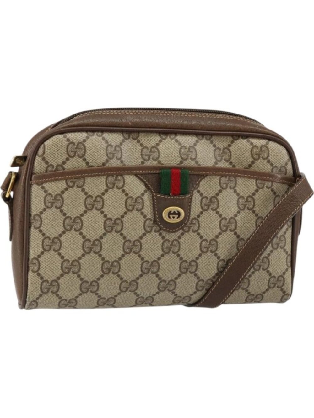 GUCCI GG Canvas Web Sherry Line Shoulder Bag PVC Leather Beige Red